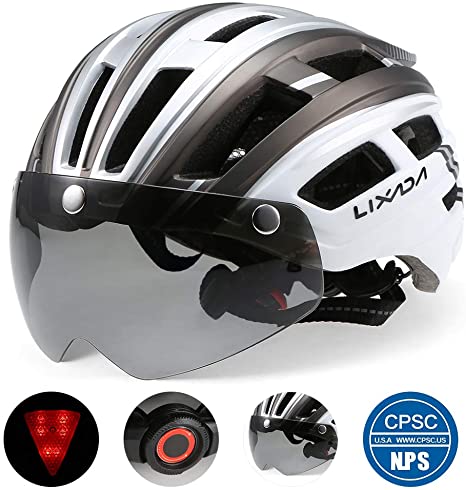 Lixada Adult Bike Helmet with Detachable Magnetic Goggles Visor and LED Back Light,