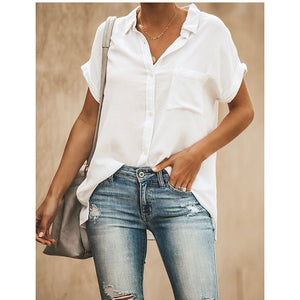 Summer Casual blouse women Turn-down Collar Short Sleeve pocket Loose Solid white blouse women