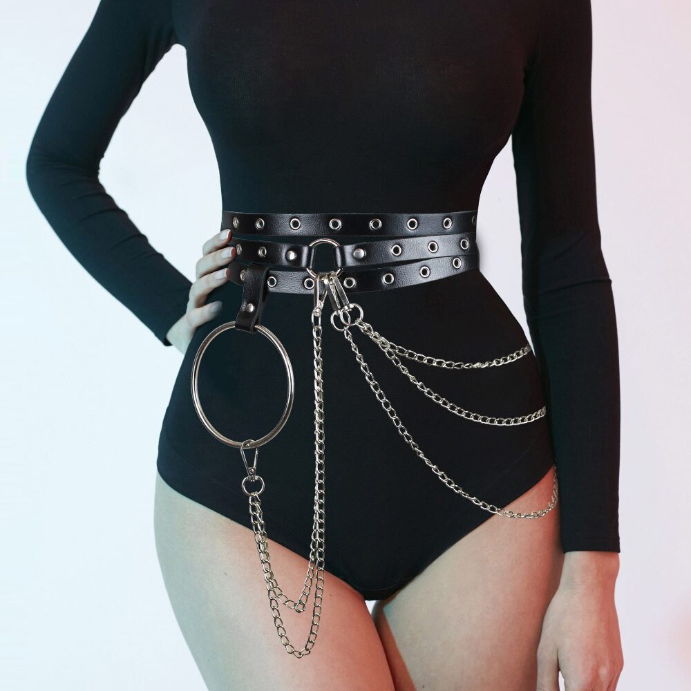 Leather Harness Women Waist O-ring Chain Belt