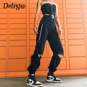 Darlingaga Streetwear Fashion Black Cargo Pants Women Patchwork Lace Up Trousers Hollow Out High Waist Pants Adjustable Pantalon
