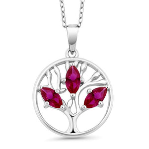 Motherly 2.00 Ct Ruby Pear Cut Tree Of Life Necklacein 18k White Gold Filled