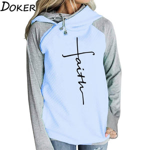 Autumn Winter Patchwork Hoodies Sweatshirts Women Faith Cross Embroidered Long Sleeve Sweatshirts Female Warm Pullover Tops