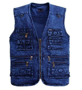 Men's Denim Functional Pockets Vest - Blue / 4XL