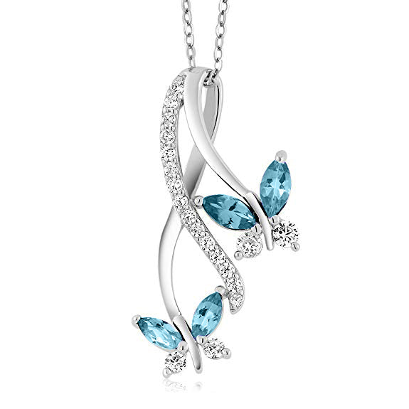 Mother And Child Butterfly Blue Topaz Necklacein 18k White Gold Filled
