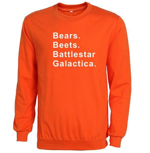 Bears, Beets, Battlestar Galactica sweatshirts