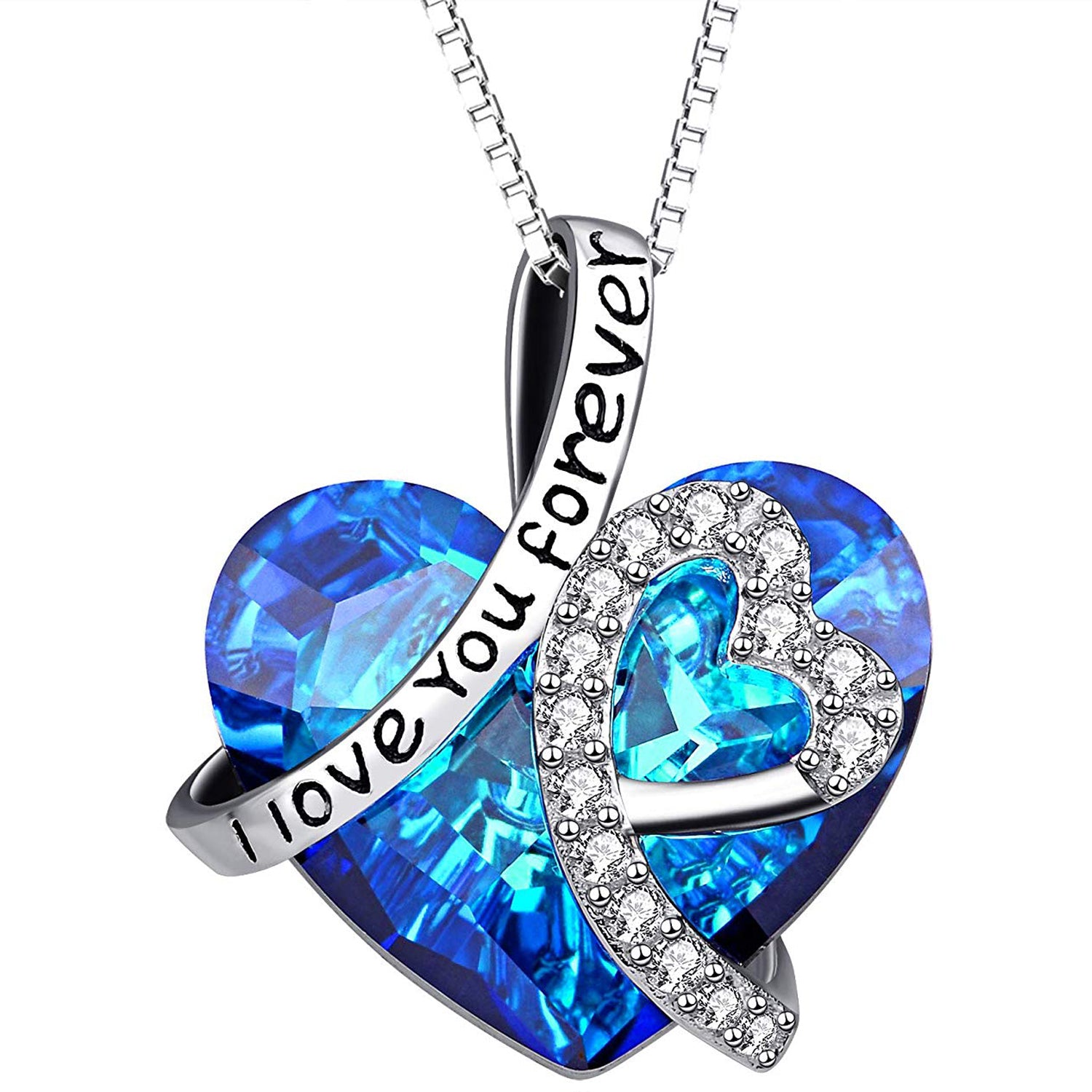I Loe You Foreer Blue With Crystals Heart Necklacein 18k White Gold Filled
