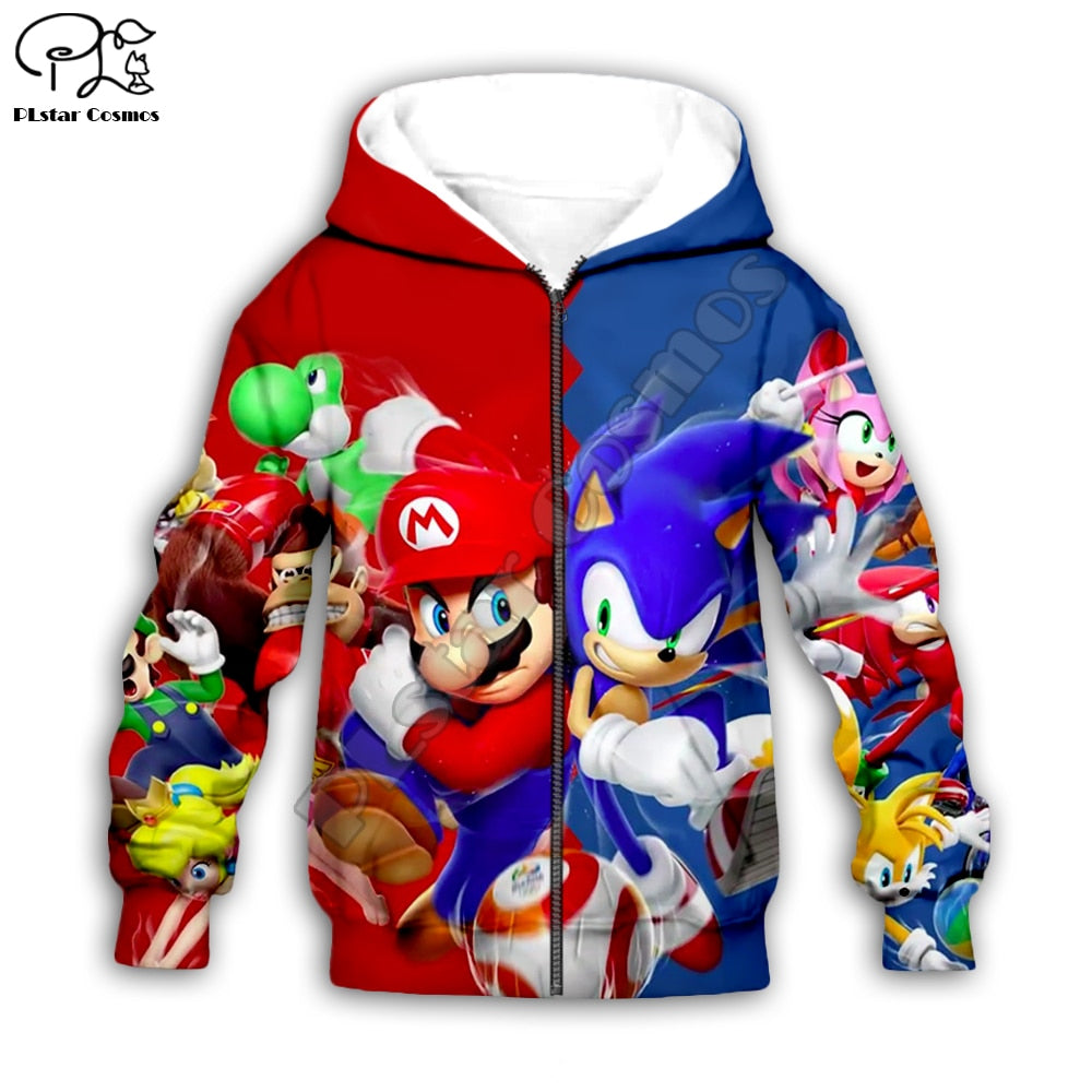 Children's Cartoon Super Sonic 3d Hoodies, Zipper coat, Long Sleeve Pullover, Sweatshirt, Hooded Tracksuit, Pants, Family T-shirts