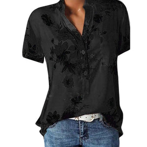 Temperament new women&#39;s shirt printing large size casual shirt loose V-neck short-sleeved shirt blouse