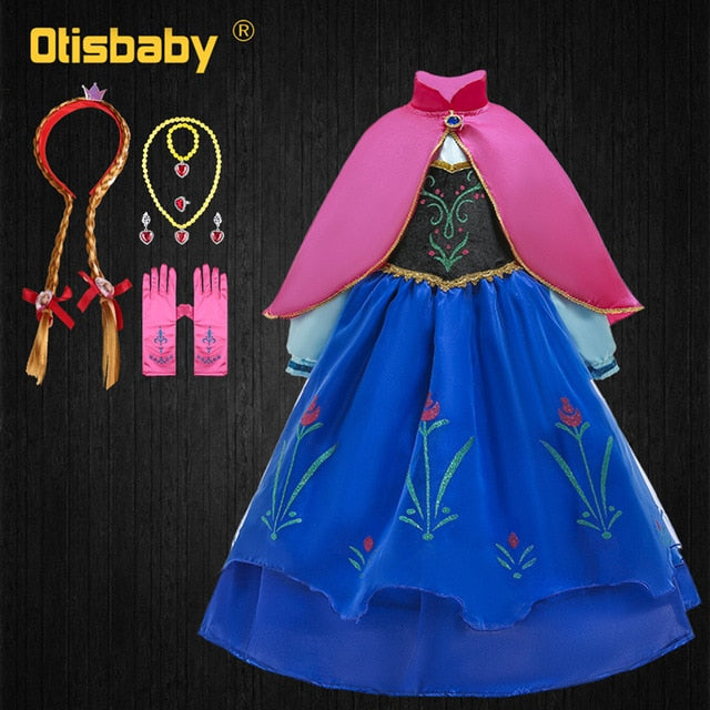 Girls Anna Elsa Dress Fancy Princess Anna Costume Summer Turtleneck Dresses for Girls Fairy Frock Anna Dress Up with Rose Cape