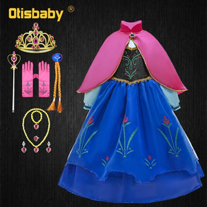 Girls Anna Elsa Dress Fancy Princess Anna Costume Summer Turtleneck Dresses for Girls Fairy Frock Anna Dress Up with Rose Cape