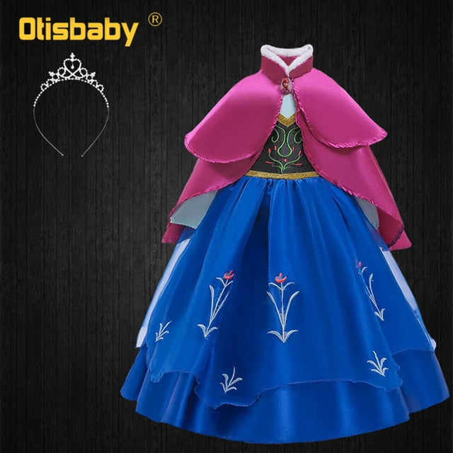 Girls Anna Elsa Dress Fancy Princess Anna Costume Summer Turtleneck Dresses for Girls Fairy Frock Anna Dress Up with Rose Cape