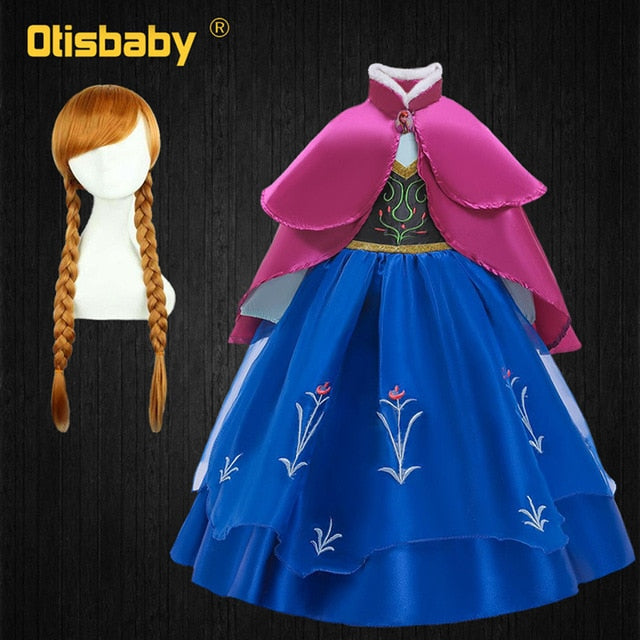 Girls Anna Elsa Dress Fancy Princess Anna Costume Summer Turtleneck Dresses for Girls Fairy Frock Anna Dress Up with Rose Cape