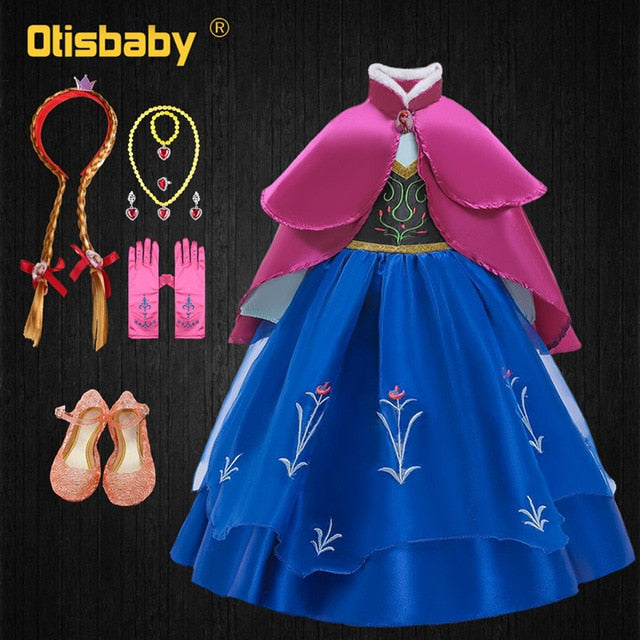 Girls Anna Elsa Dress Fancy Princess Anna Costume Summer Turtleneck Dresses for Girls Fairy Frock Anna Dress Up with Rose Cape