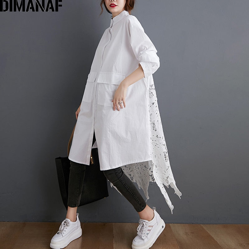 DIMANAF Plus Size Blouse Shirts Women Clothing Fashion Lace Floral Elegant Lady Tops Casual Loose Long Sleeve Button Cardigan