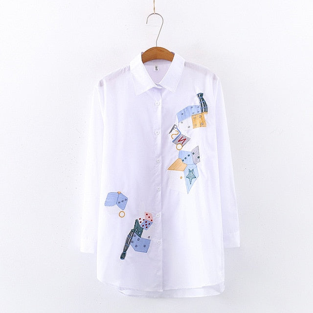 2020 NEW White Shirt Casual Wear Button Up Turn Down Collar Long Sleeve Cotton Blouse Embroidery Feminina HOT Sale T8D427M