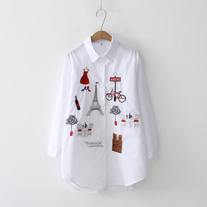 2020 NEW White Shirt Casual Wear Button Up Turn Down Collar Long Sleeve Cotton Blouse Embroidery Feminina HOT Sale T8D427M