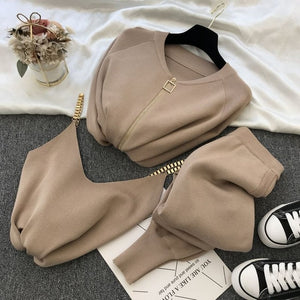 2020 New 3pcs Knitting Suit Long-sleeved Zip Jacket Cardigans Tank Top Pants Women Fashion Solid Lounge Set Casual Tracksuits