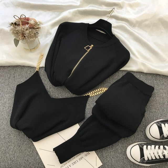 2020 New 3pcs Knitting Suit Long-sleeved Zip Jacket Cardigans Tank Top Pants Women Fashion Solid Lounge Set Casual Tracksuits