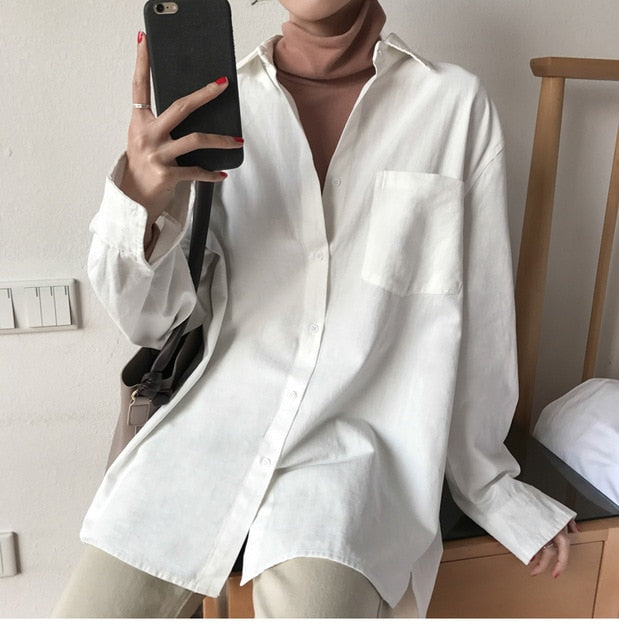 ZHISILAO Chic Solid Shirts Long Sleeve Cotton Linen Blouse Plus Size Shirts Oversize White Blouse Maxi Boyfriends Chemisier