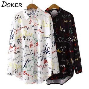 Graffiti Print Blouse Women Autumn Turn-down Collar Long Sleeve Plus Size Office Elegant Ladies Shirts Casual Tops And Blouses