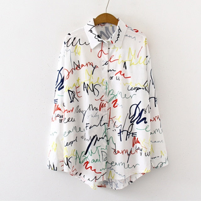 Graffiti Print Blouse Women Autumn Turn-down Collar Long Sleeve Plus Size Office Elegant Ladies Shirts Casual Tops And Blouses