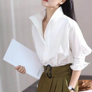 Autumn cotton bat 7 / 4 Sleeve Shirt women&#39;s wide loose collar white shirt fashionable and stylish blouse