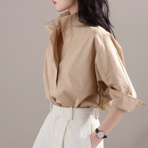 Autumn cotton bat 7 / 4 Sleeve Shirt women&#39;s wide loose collar white shirt fashionable and stylish blouse