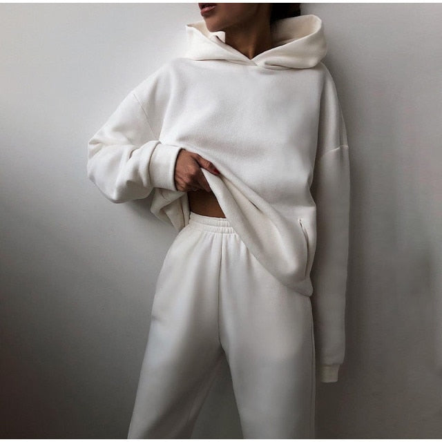 Women&#39;s Tracksuit Casual Solid Long Sleeve Hooded Sport Suits Autumn Warm Hoodie Sweatshirts and Long Pant Fleece Two Piece Sets