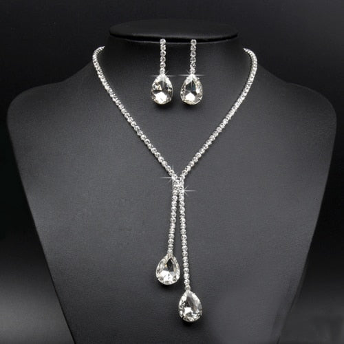 New Hot Wedding Bridal Rhinestone Crystal Drop Necklace Earring Plated Jewelry Sets