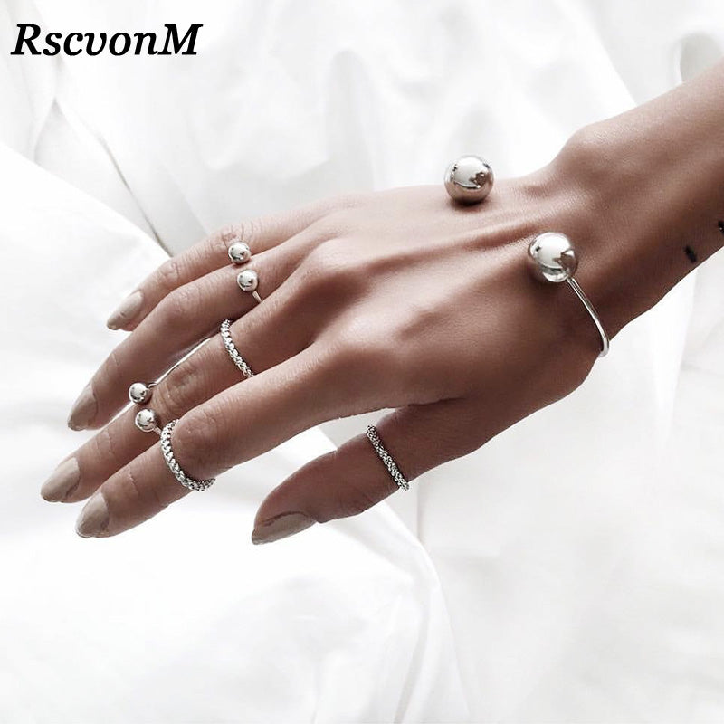 6pcs/Set Stainless Steel Colour Ring and Bracelet Set BALL Punk Beads