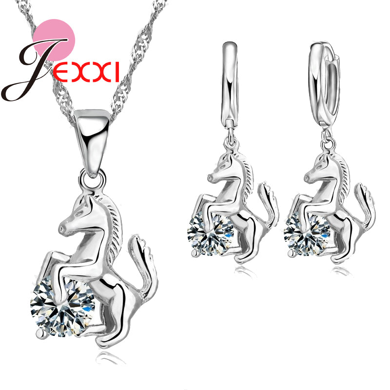 Trendy Horse Design Pendant 925 Sterling Silver Cubic Zircon Necklace Earring