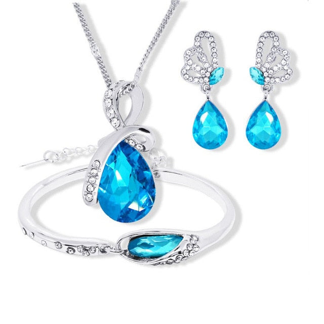 Austrian Crystal Jewelry Sets Water Drop Pendant Necklace Stud Earring Bracelet