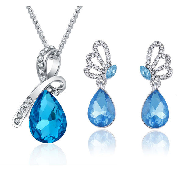 Austrian Crystal Jewelry Sets Water Drop Pendant Necklace Stud Earring Bracelet