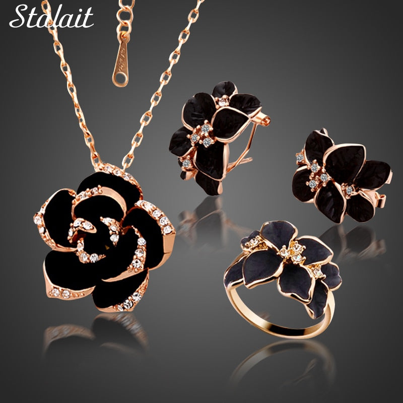 Fashion Rose Flower Enamel Jewelry Set Gold Color Black Painting Bridal Jewelry Sets for women 82606