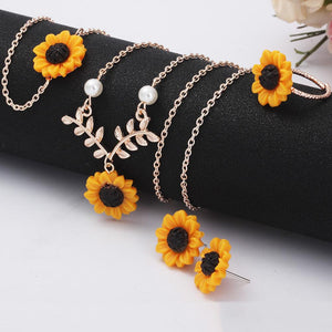 5Pcs/Set Fashion Sunflower Pendant Necklace Stud Earrings Ring Bracelet Jewelry hot
