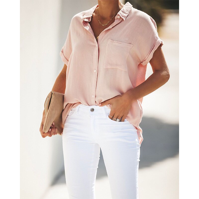 Summer Casual blouse women Turn-down Collar Short Sleeve pocket Loose Solid white blouse women