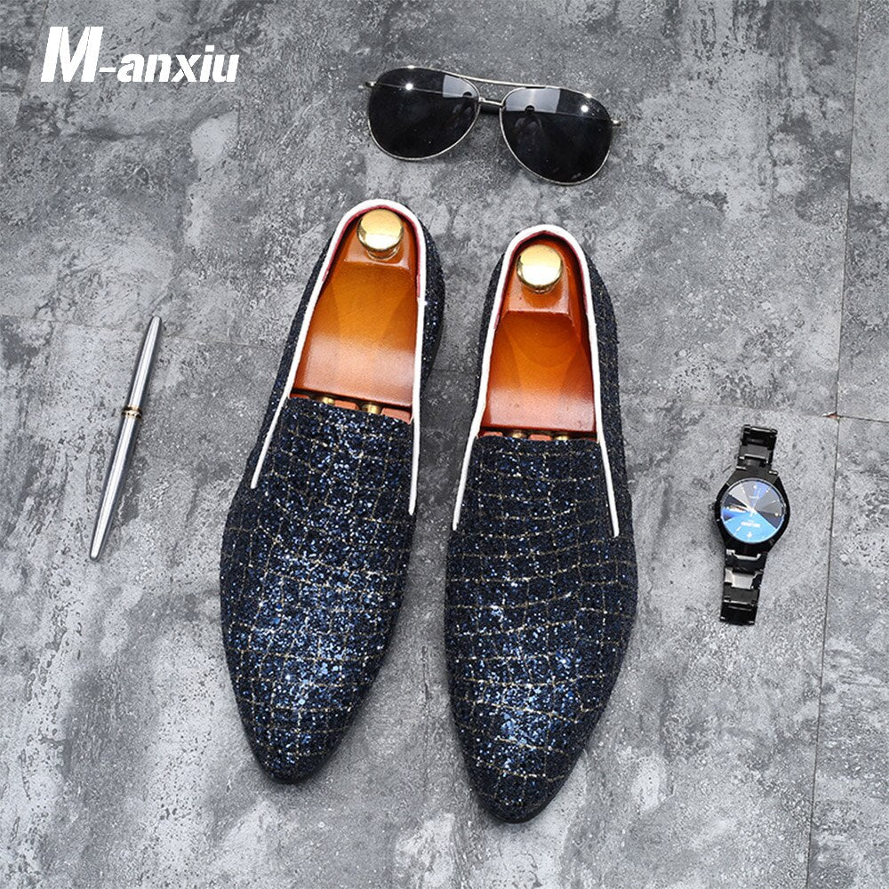 M-anxiu Fashion Grids Pattern Leather Loafers Shining Sequins